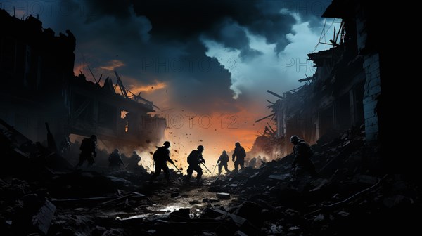 Soldiers with guns scrambling down the streets of a ravaged city amidst war. generative AI