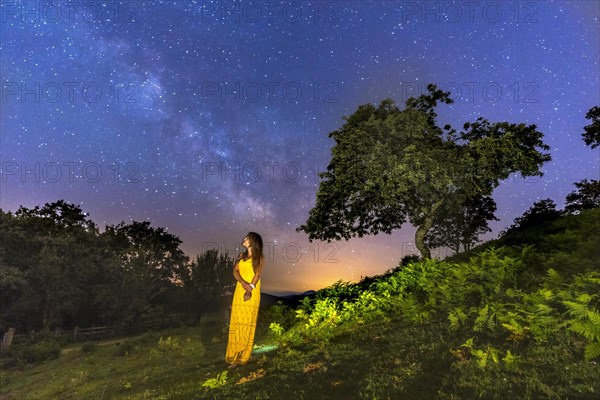 Brunette girl in yellow dress looking at the beautiful milky way on Mount Erlaitz in the town of Irun