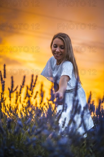 A young blonde Caucasian woman in a white dress in a cultivated lavender field in Navarra