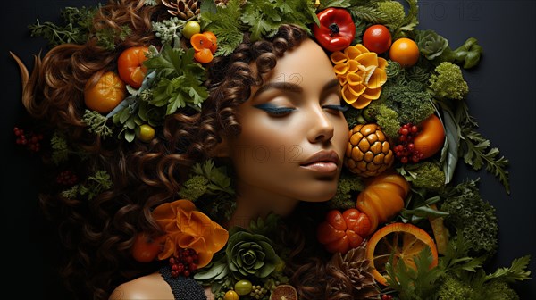 Headshot portrait of healthy woman surrounded by and partially made of fruits and vegetables