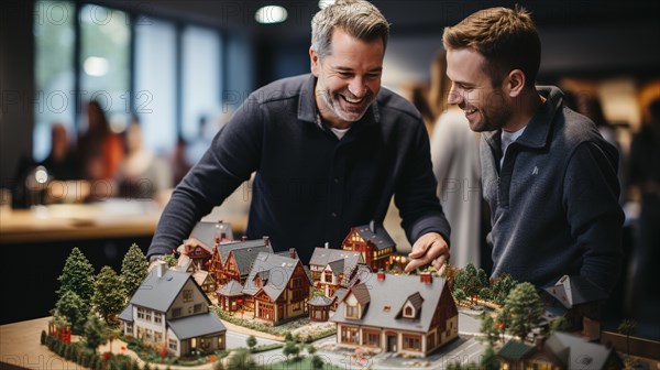 Gay couple discussing A new housing development model on the table in front of them. generative AI