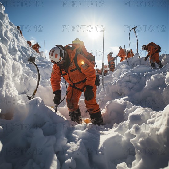 Helpers use evacuation aids to search for people buried in an avalanche