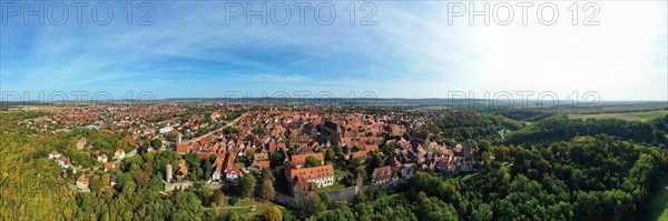 Aerial view of Rothenburg ob der Tauber with a view of the historic old town. Rothenburg ob der Tauber