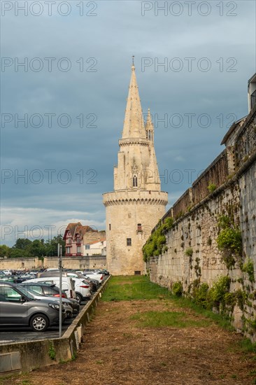 The Lantern Tower of La Rochelle in the medieval old town. La Rochelle is a coastal city in southwestern France