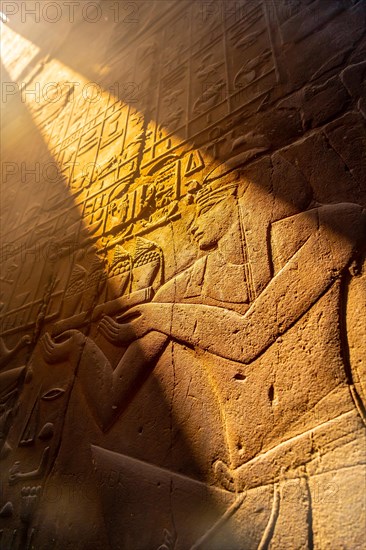 Detail of beautiful natural light on an ancient egyptian drawings inside the Luxor Temple