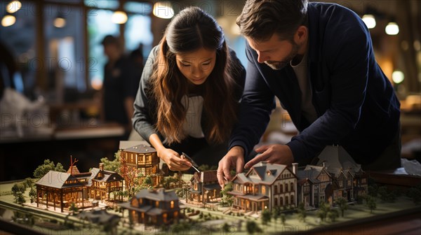 Architects working together assembling A small scale model housing developement on the table. generative AI