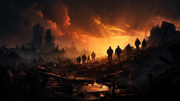 Soldiers with guns scrambling down the streets of a ravaged city amidst war. generative AI