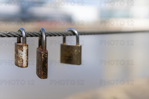 Old rusty padlocks hanging on bridge railing