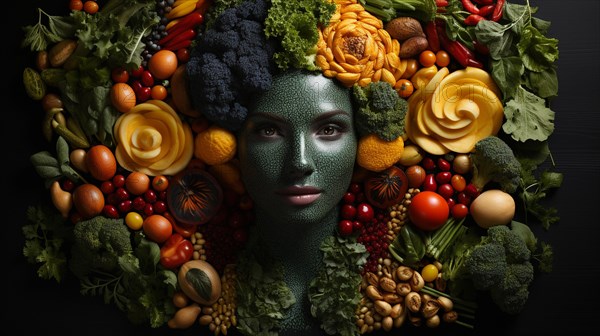 Headshot portrait of healthy woman surrounded by and partially made of fruits and vegetables