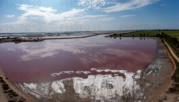 Aerial view of the salt pans of Aigues Mortes with salt heaps