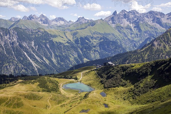 View from Fellhorn ridge to Schlappoldsee and Allgaeu Alps