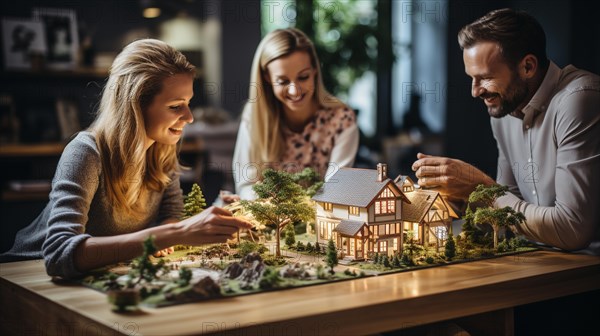 Real estate agent discussing with a young adult couple A new housing development model on the table in front of them. generative AI