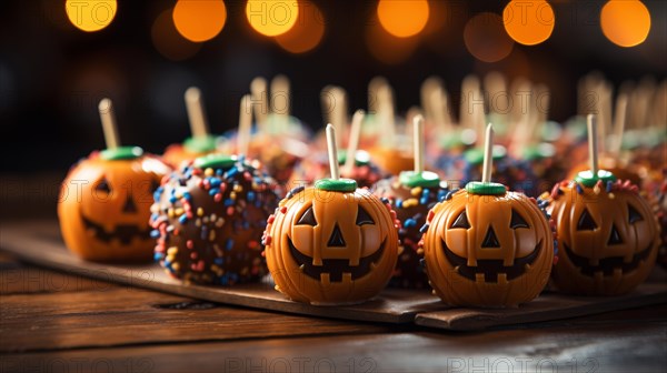 Delicious halloween decorated candy apples. generative AI