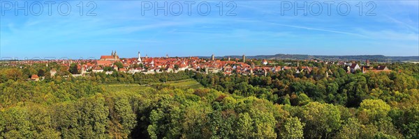 Aerial view of Rothenburg ob der Tauber with a view of the historic old town. Rothenburg ob der Tauber