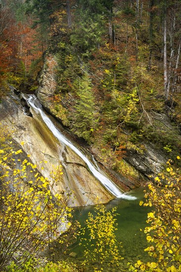 Schleierfaelle at the entrance to the Starzlachklamm gorge in autumn. Trees in autumn foliage. Long exposure. Allgaeu