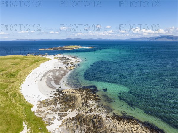 Aerial view of the sandy White Strand of the Monks on the northern part of the Isle of Iona