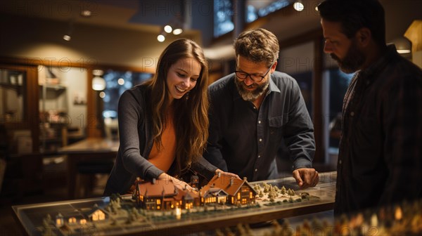 Real estate agent discussing with a young adult couple A new housing development model on the table in front of them. generative AI