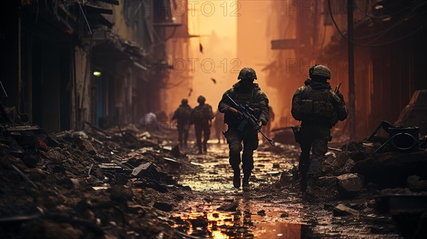 Soldiers with guns scrambling down the streets of a ravaged city amidst war. generative AI