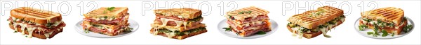 Set of delicious fresh italian panini sandwiches isolated on a white background. generative AI