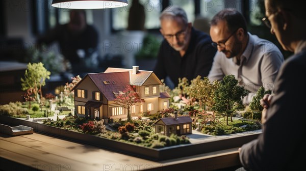 Real estate agent discussing with a male gay couple A new housing development model on the table in front of them. generative AI