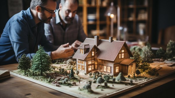 Architects working together assembling A small scale model housing developement on the table. generative AI