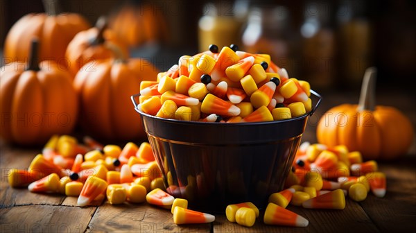 Halloween pumpkins and bowl of candy corn on A table. generative AI