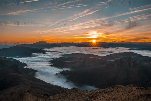 Beautiful sea of clouds seen from the mountain of Penas de Aya. Basque Country