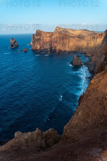 Ponta de Sao Lourenco coastline landscape of rock formations in summer