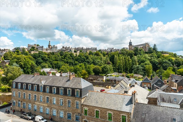 Interior of the castle of Fougeres and the city in the background. Brittany region