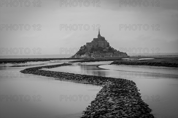 View from Point de Vue to the Abbey of Mont Saint-Michel in black and white