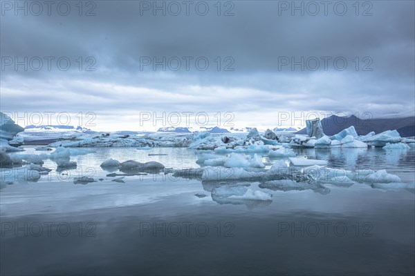 Beautiful icebergs on Jokulsarlon Ice Lake in the golden circle of southern Iceland on a cold August morning