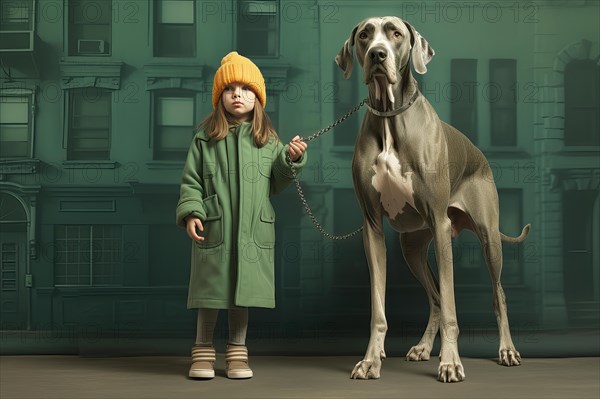 Three years old girl wearing green winter clothes leading on a leash a huge Great Dane in an urban environment