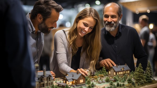 Real estate agent discussing with a young adult couple A new housing development model on the table in front of them. generative AI