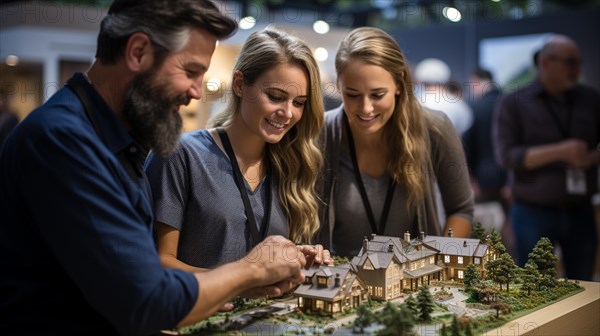 Real estate agent discussing with a young adult couple A new housing development model on the table in front of them. generative AI