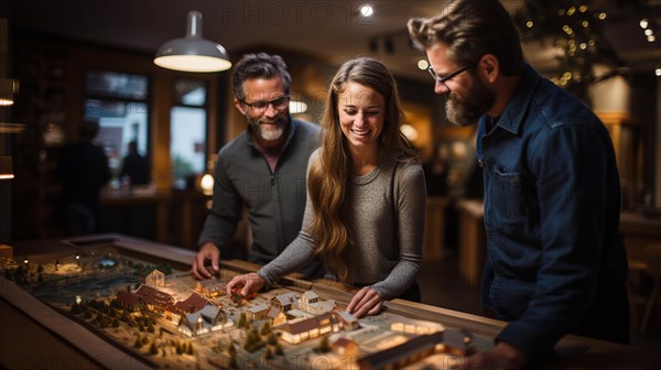 Real estate agent discussing with a young adult couple A new housing development model on the table in front of them. generative AI