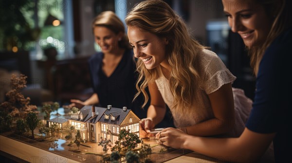 Real estate agent discussing with a young adult couple A new housing development model on the table in front of them. generative AI