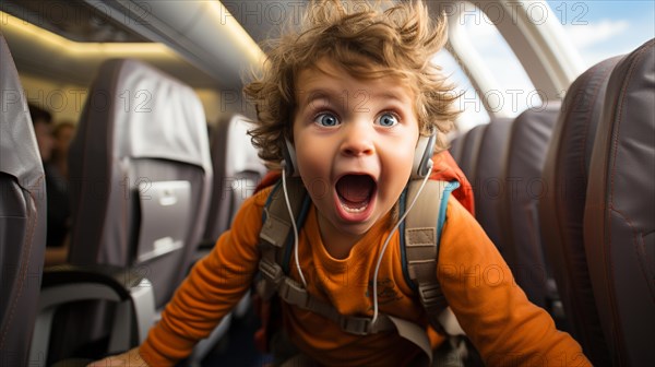 Irate child causing mayhem on an airplane bothering everyone on board. generative AI