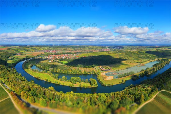 The Mainschleife near Volkach winds through the valley and is surrounded by fields and vineyards. Volkach