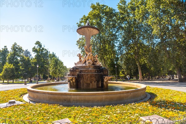 Sculpture of the Fountain of the Galapagos in the Retiro Park in the city of Madrid. Spain