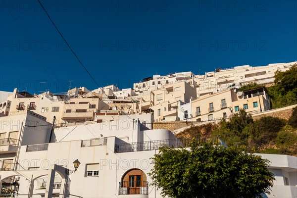 Detail of the Mojacar house of white houses on the top of the mountain. Costa Blanca in the Mediterranean Sea
