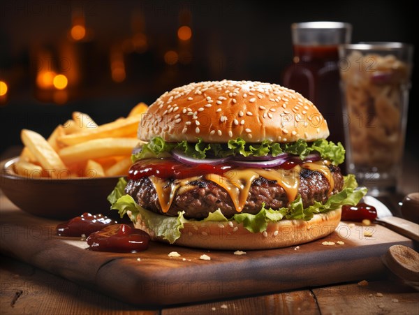 Fresh cooked delicious cheeseburger with all the fixings with fries. generative AI