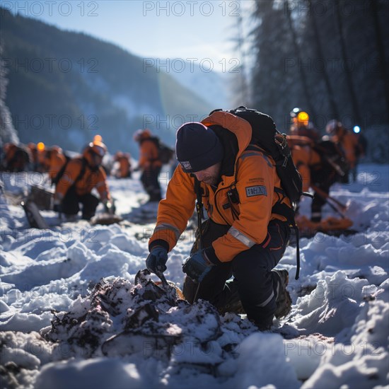 Helpers use evacuation aids to search for people buried in an avalanche