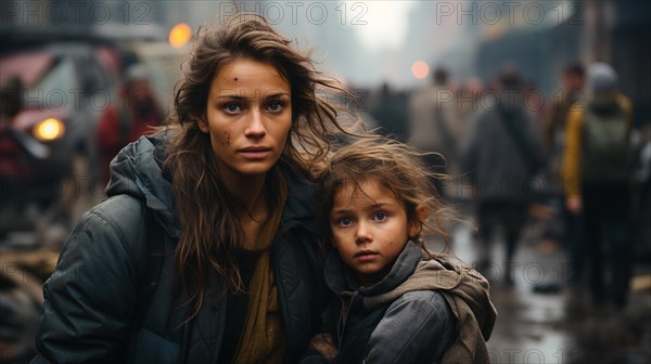 Frightened mother and young child daughter running in the streets of their war ravaged city. generative AI