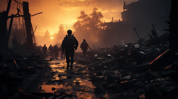 Soldiers with guns scrambling down the streets of a ravaged city amidst war. generative AI