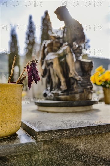 Flowerpot with withered flower on a grave in front of a religious figure of Mary with Jesus in her arms in the backlight