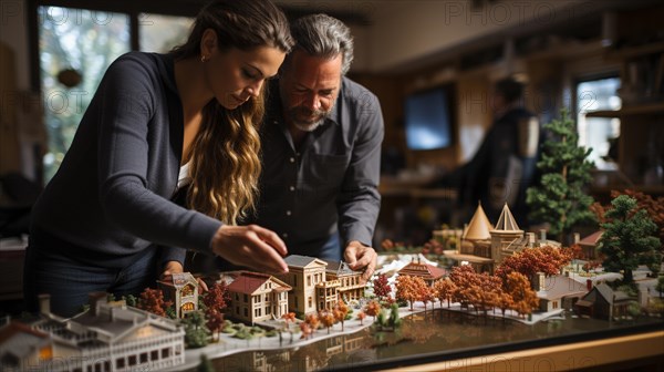 Architects working together assembling A small scale model housing developement on the table. generative AI