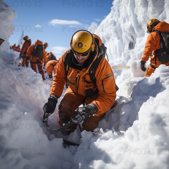 Helpers use evacuation aids to search for people buried in an avalanche