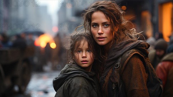 Frightened mother and young child daughter running in the streets of their war ravaged city. generative AI