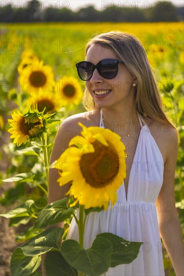 A blonde Caucasian woman with sunglasses and a white dress in a beautiful field of sunflowers on a summer afternoon