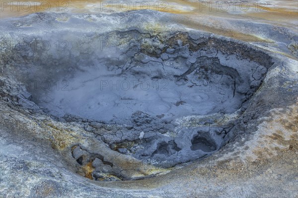 Pools of boiling water and brimstone in the landscape in Myvatn Park. Iceland